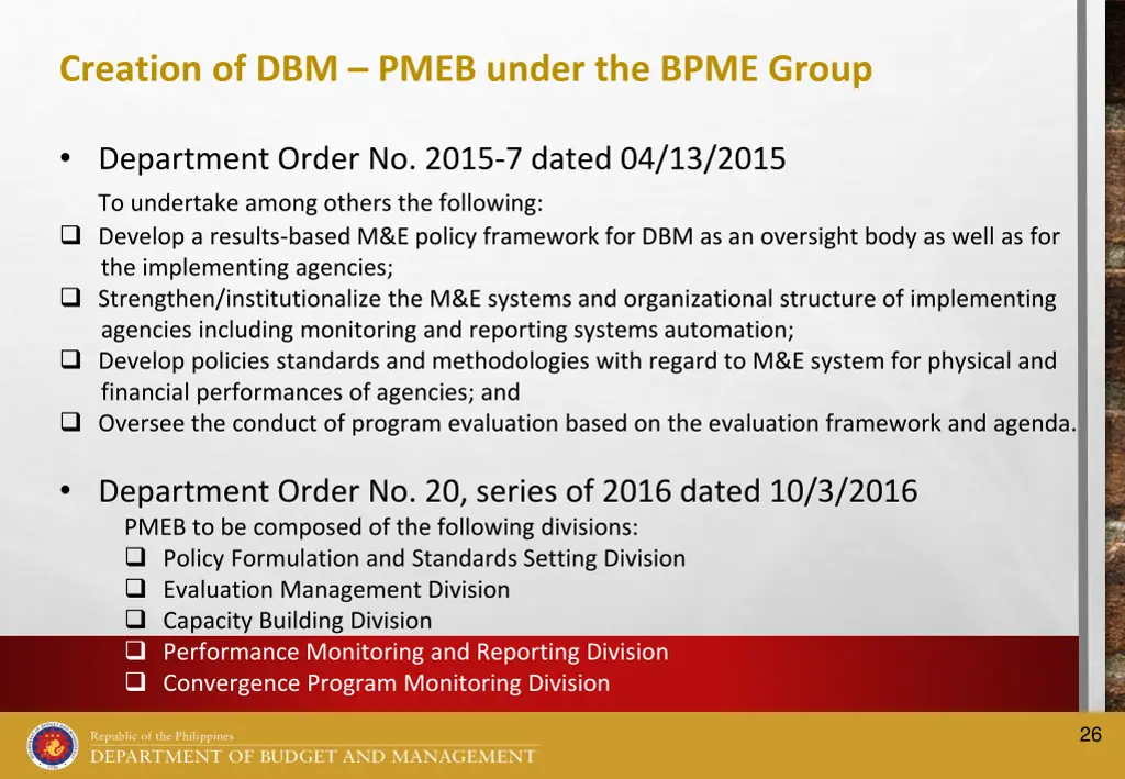 creation of dbm pmeb under the bpme group
