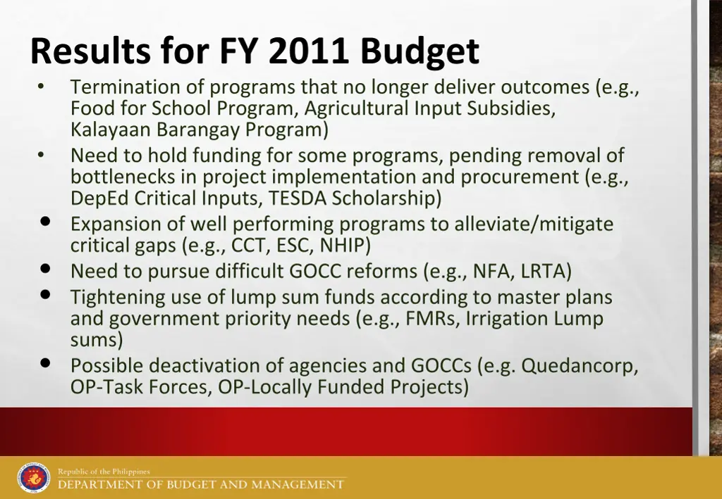 results for fy 2011 budget termination