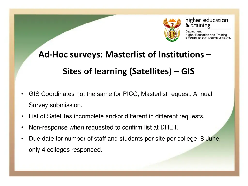 ad hoc surveys masterlist of institutions sites