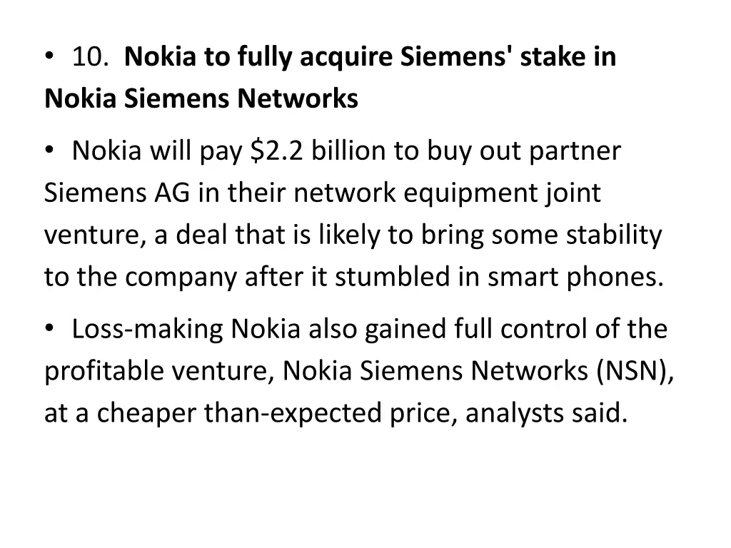 10 nokia to fully acquire siemens stake in nokia