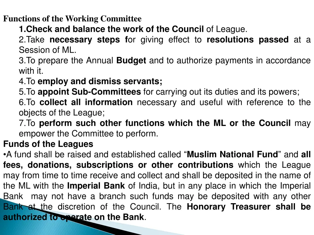 functions of the working committee 1 check
