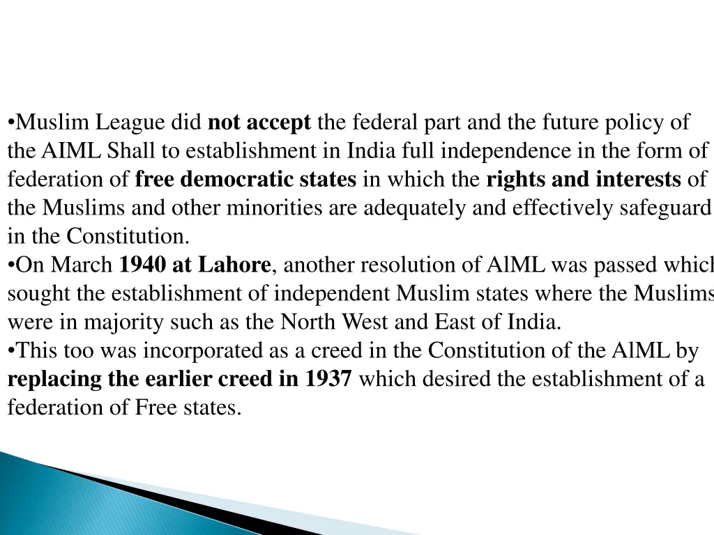 muslim league did not accept the federal part