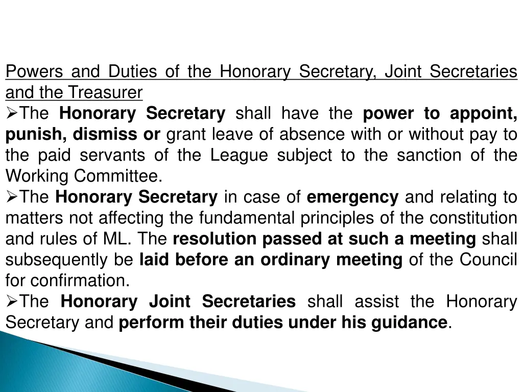 powers and duties of the honorary secretary joint