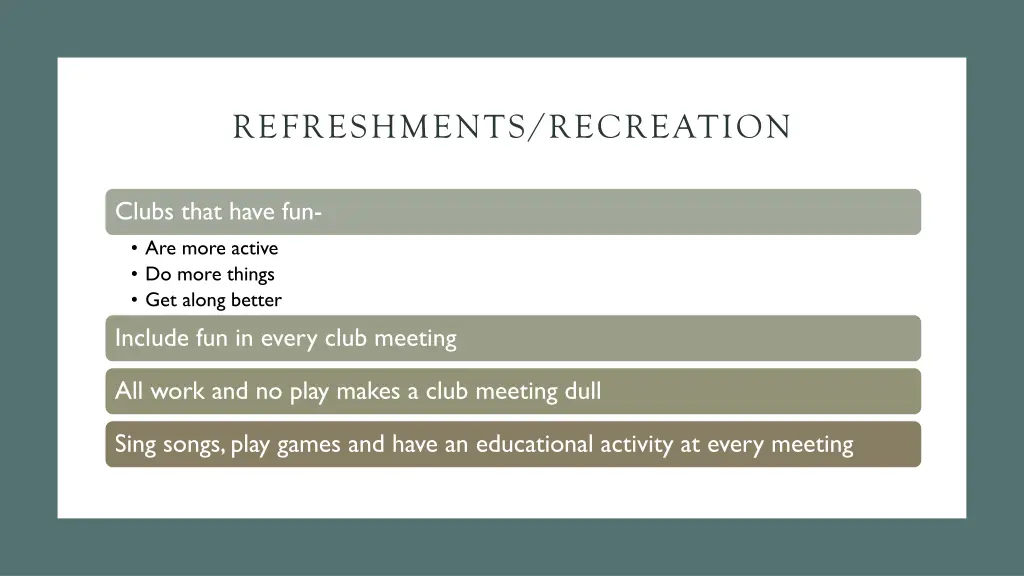 refreshments recreation