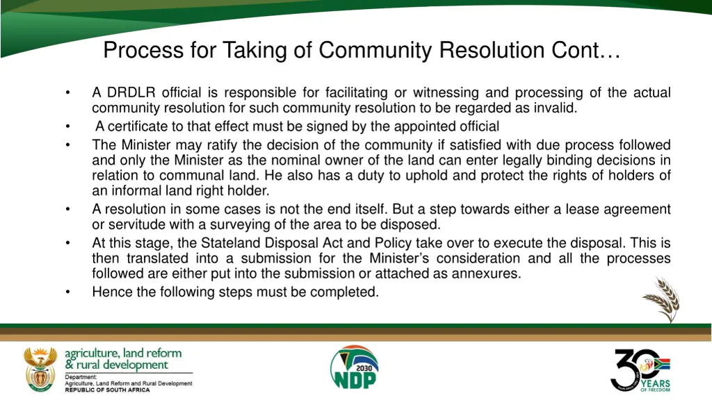 process for taking of community resolution cont