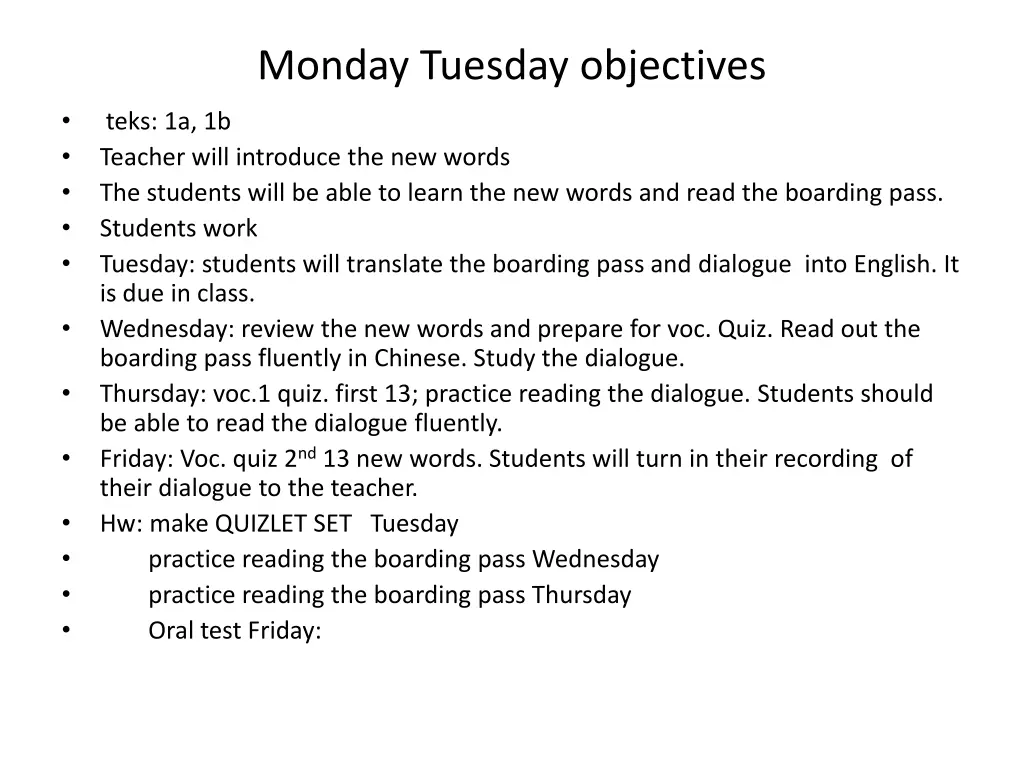 monday tuesday objectives