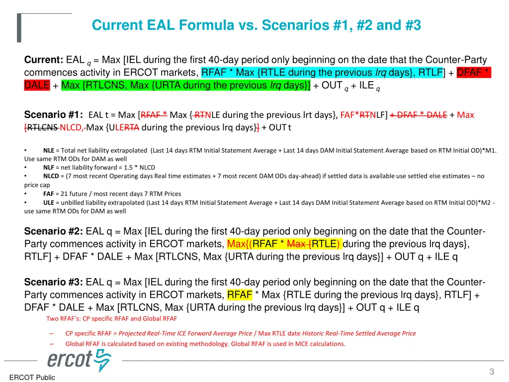 current eal formula vs scenarios 1 2 and 3