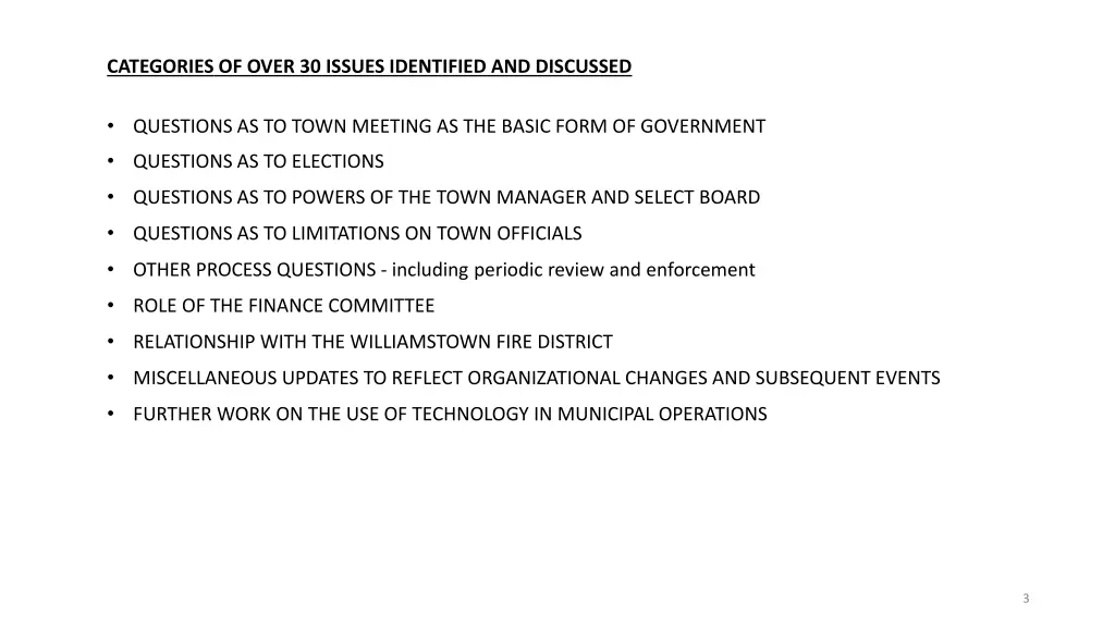 categories of over 30 issues identified