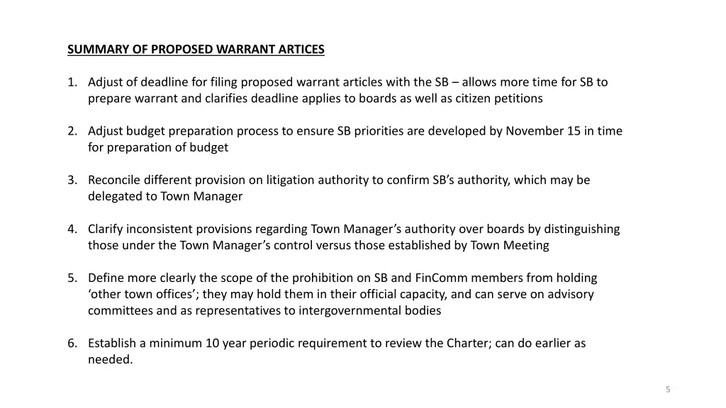 summary of proposed warrant artices