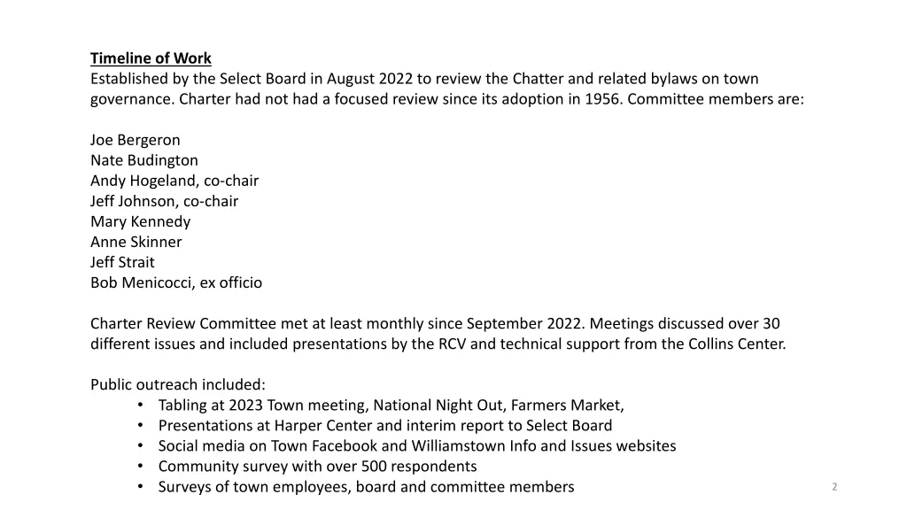 timeline of work established by the select board