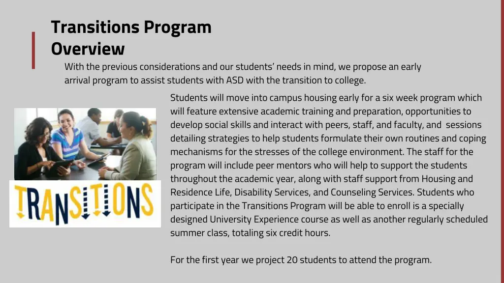 transitions program overview with the previous