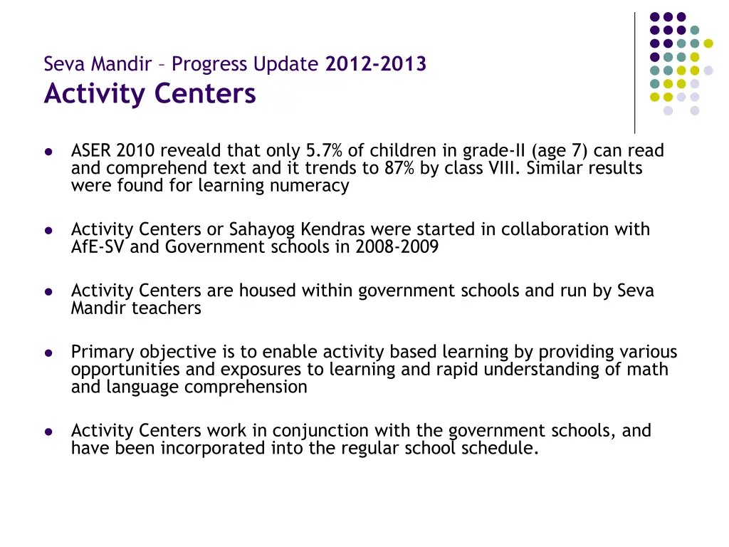 seva mandir progress update 2012 2013 activity