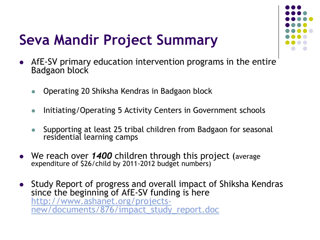 seva mandir project summary