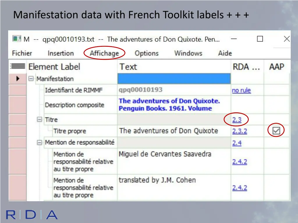manifestation data with french toolkit labels