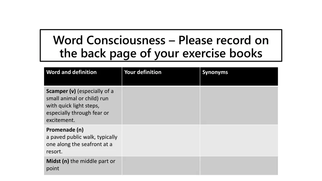 word consciousness please record on the back page