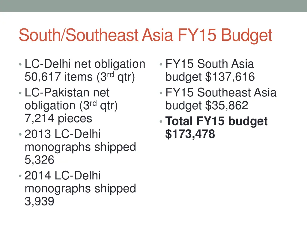 south southeast asia fy15 budget