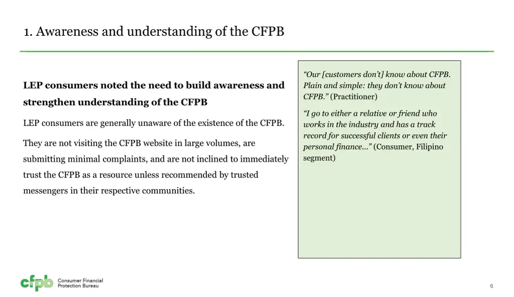 1 awareness and understanding of the cfpb