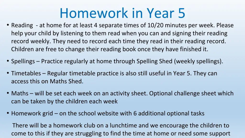 homework in year 5 reading at home for at least