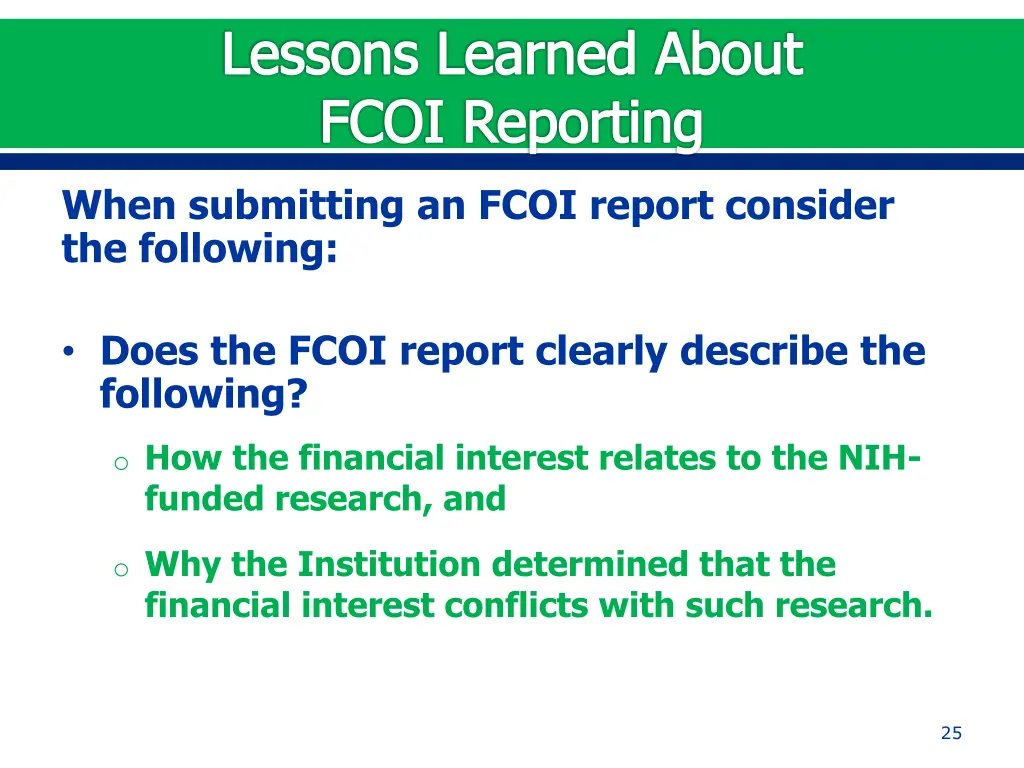 lessons learned about fcoi reporting