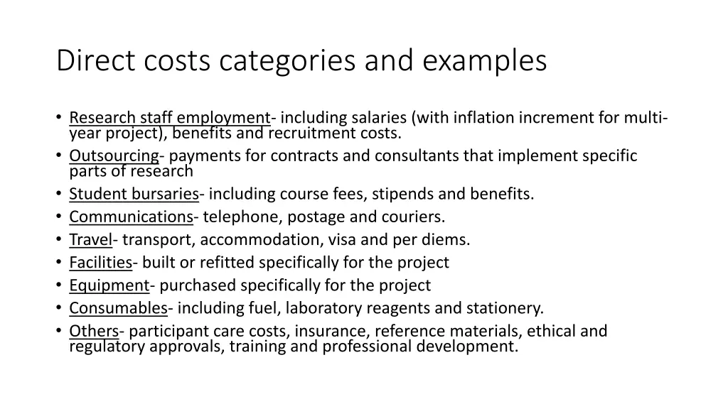 direct costs categories and examples