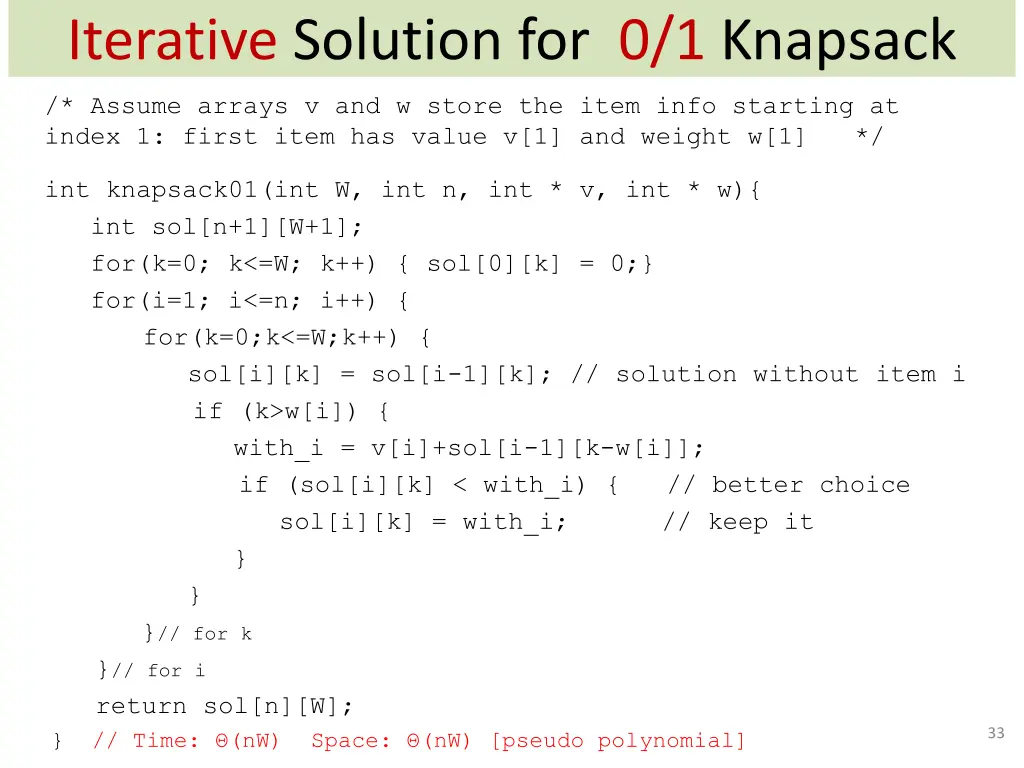 iterative solution for 0 1 knapsack