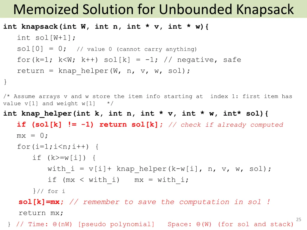 memoized solution for unbounded knapsack
