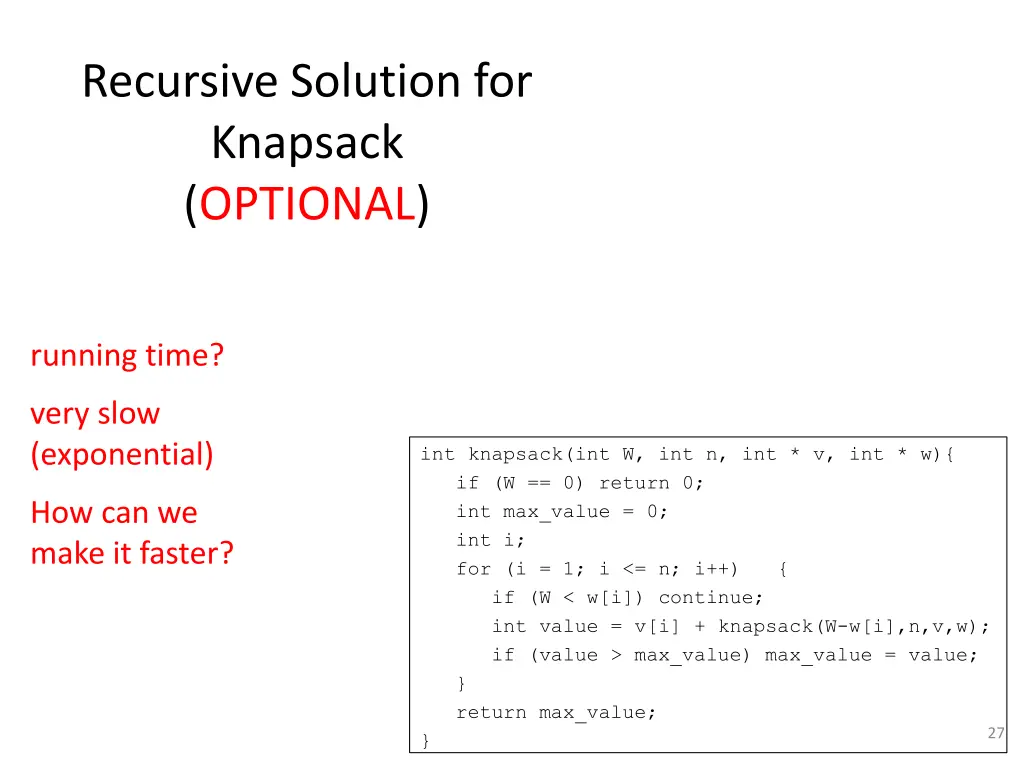 recursive solution for knapsack optional