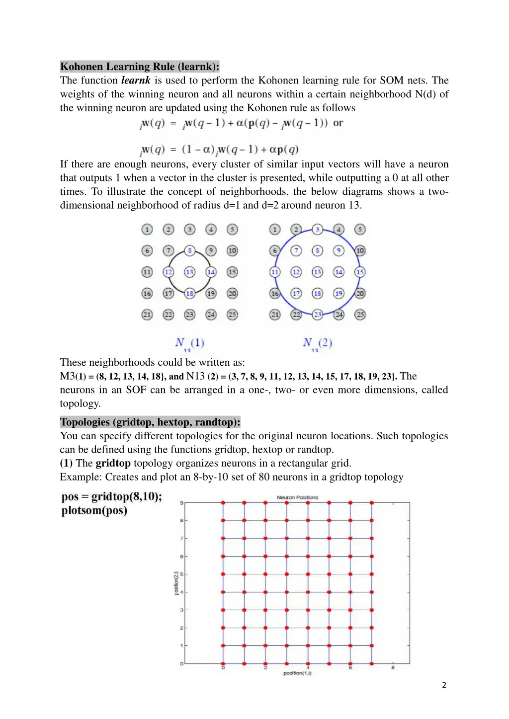 kohonen learning rule learnk the function learnk