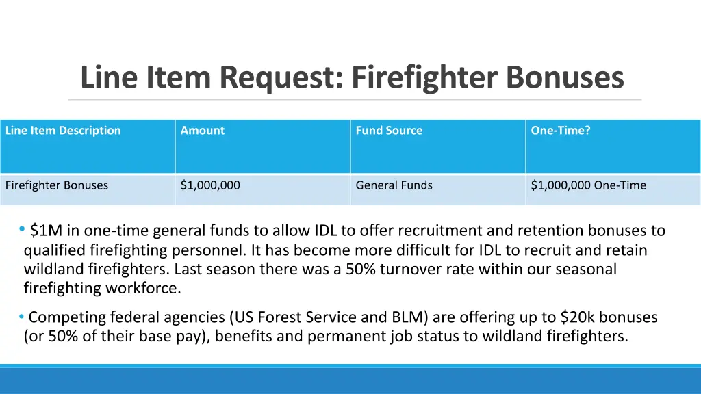 line item request firefighter bonuses
