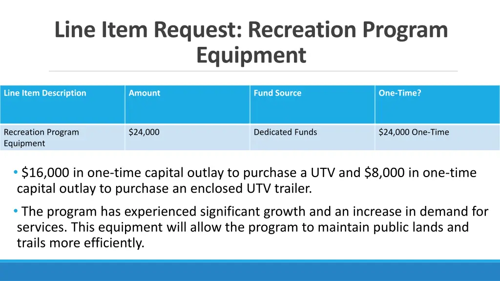 line item request recreation program equipment