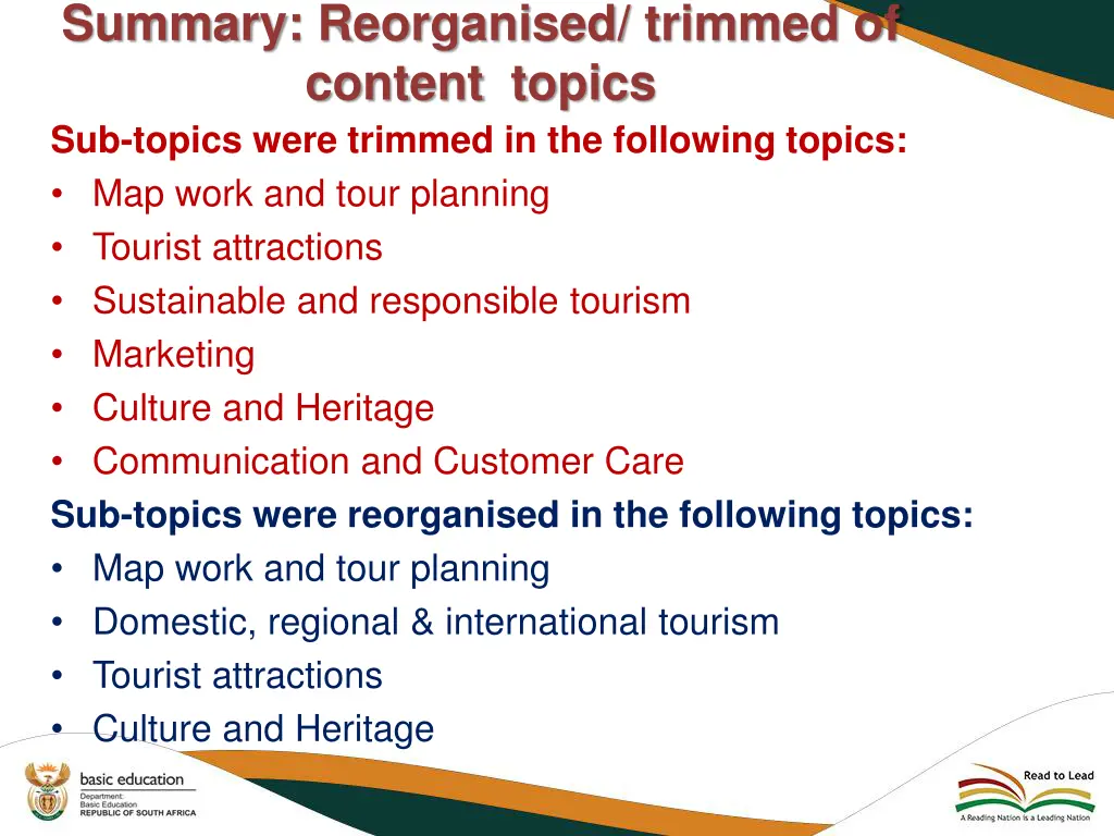 summary reorganised trimmed of content topics