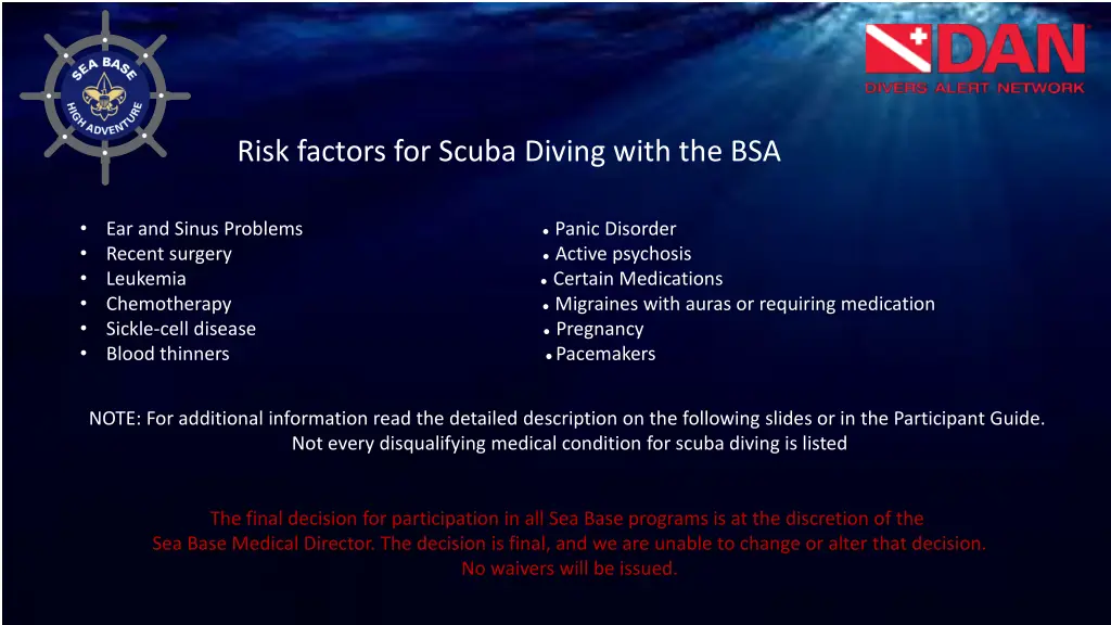 risk factors for scuba diving with the bsa