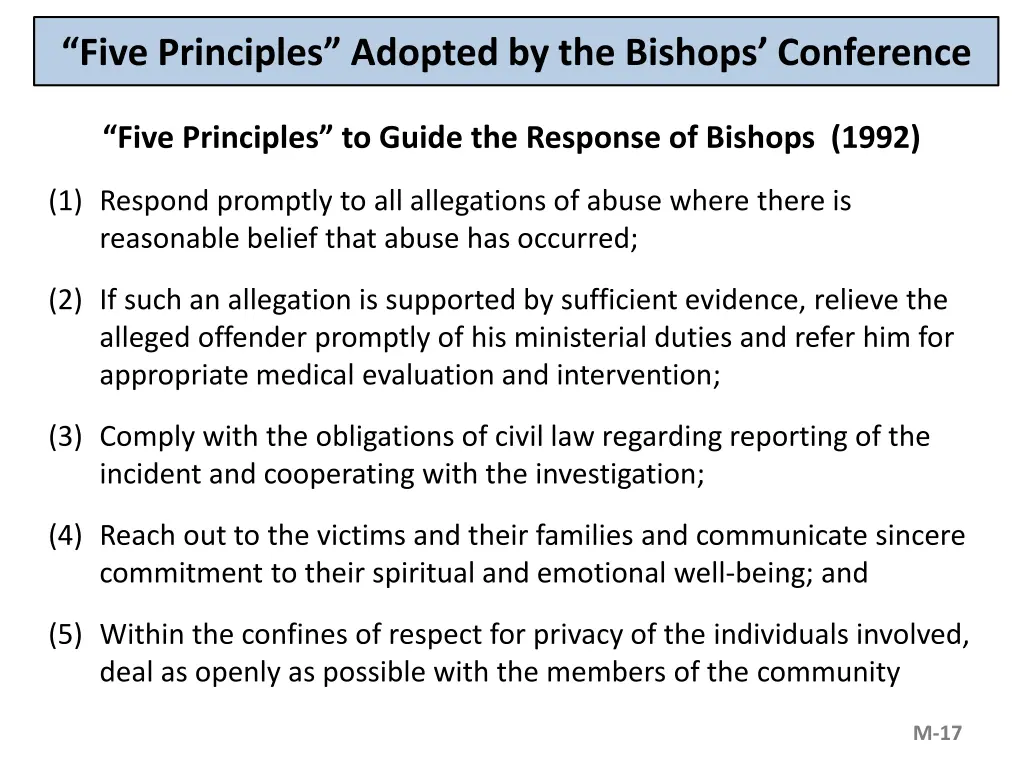 five principles adopted by the bishops conference