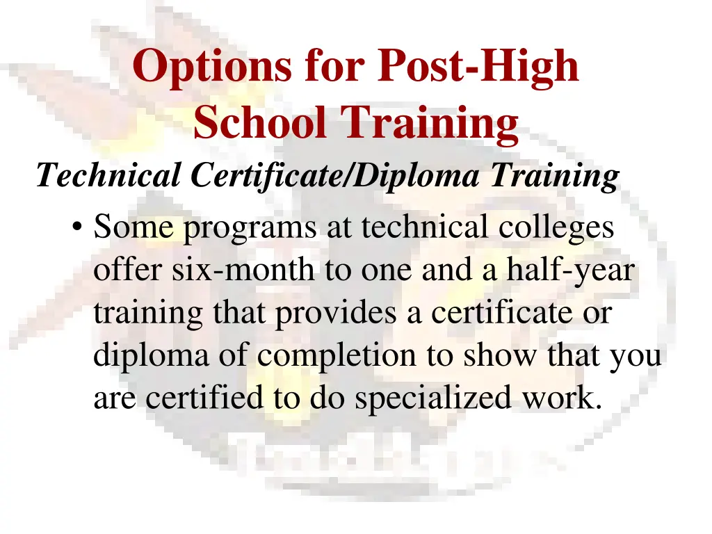 options for post high school training technical