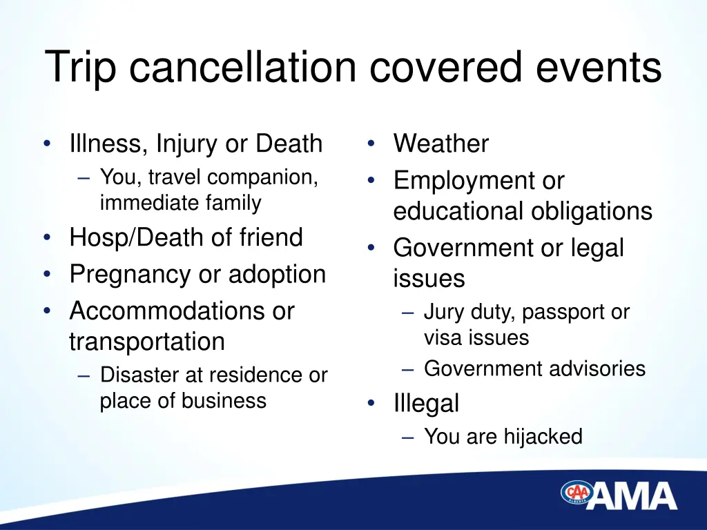 trip cancellation covered events