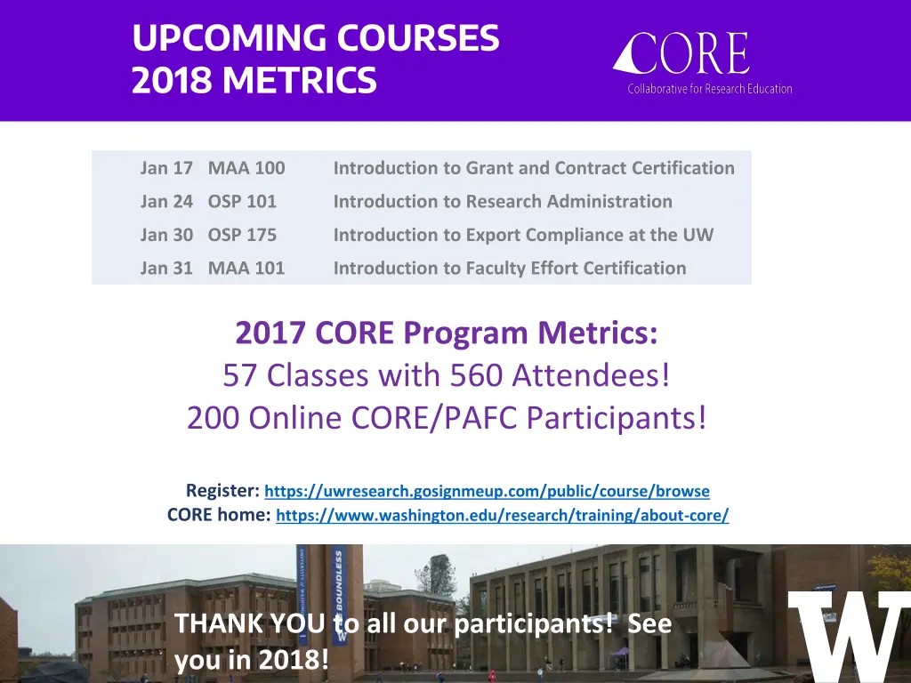 upcoming courses 2018 metrics