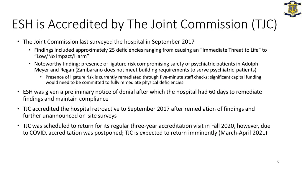 esh is accredited by the joint commission tjc