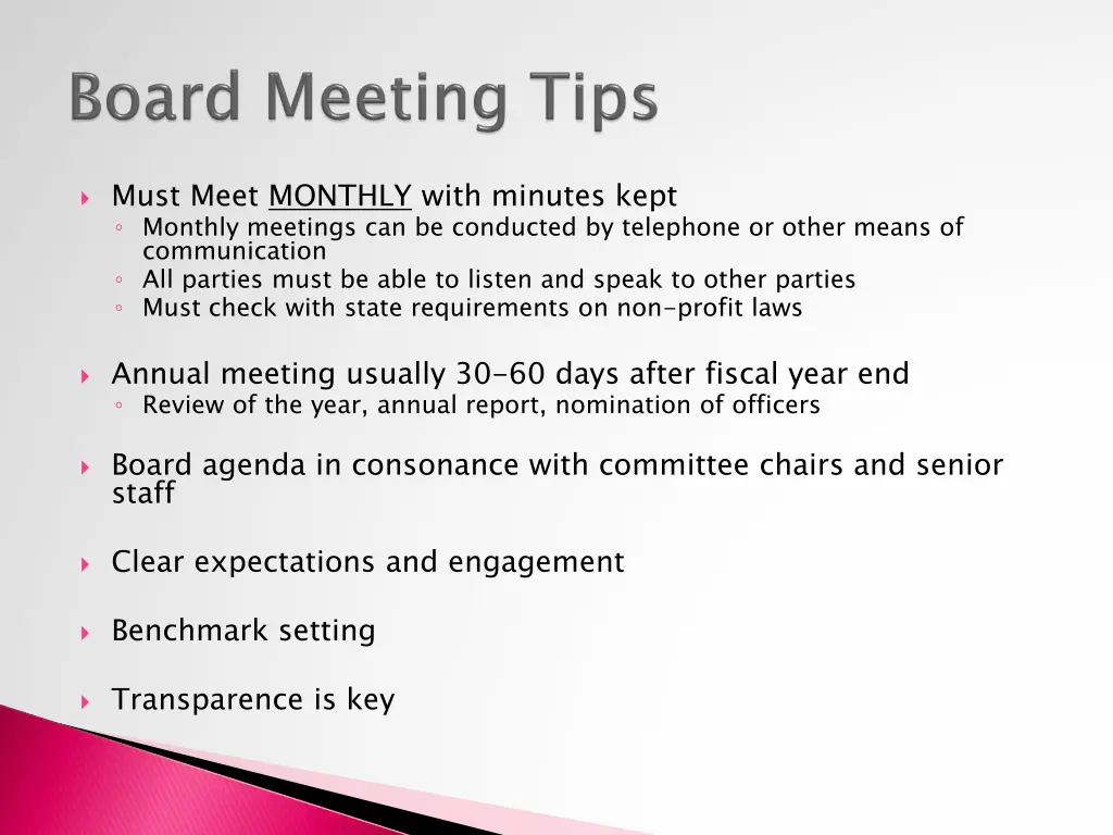 must meet monthly with minutes kept monthly
