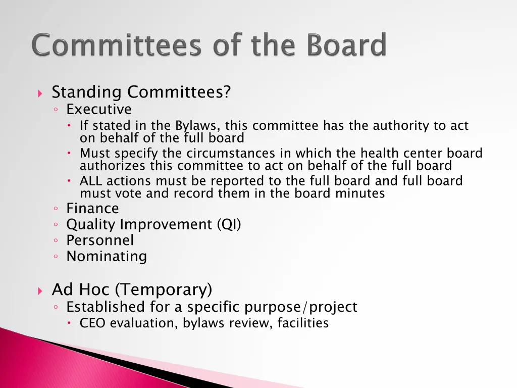 standing committees executive if stated