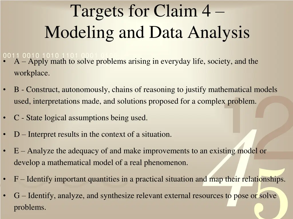 targets for claim 4 modeling and data analysis