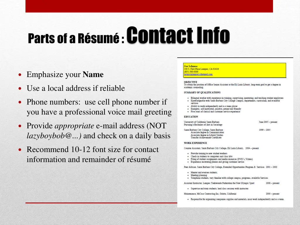 parts of a r sum contact info