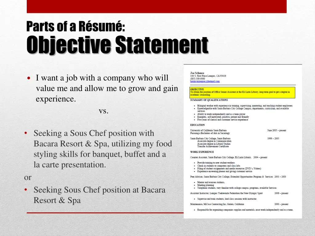 parts of a r sum objective statement