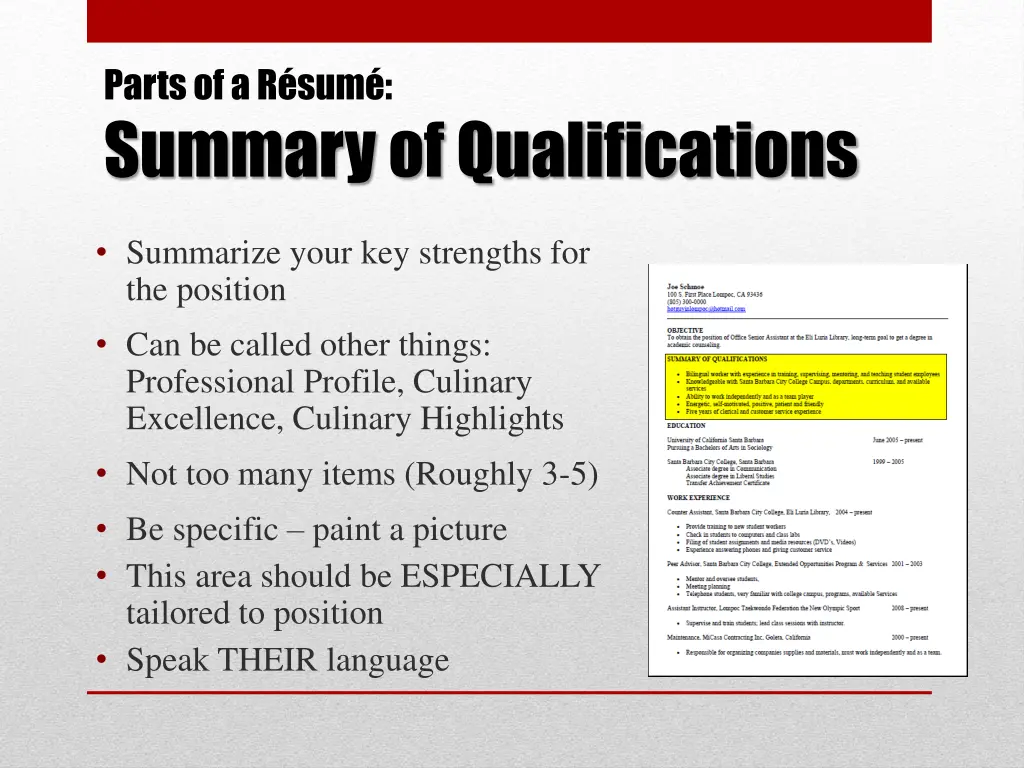 parts of a r sum summary of qualifications