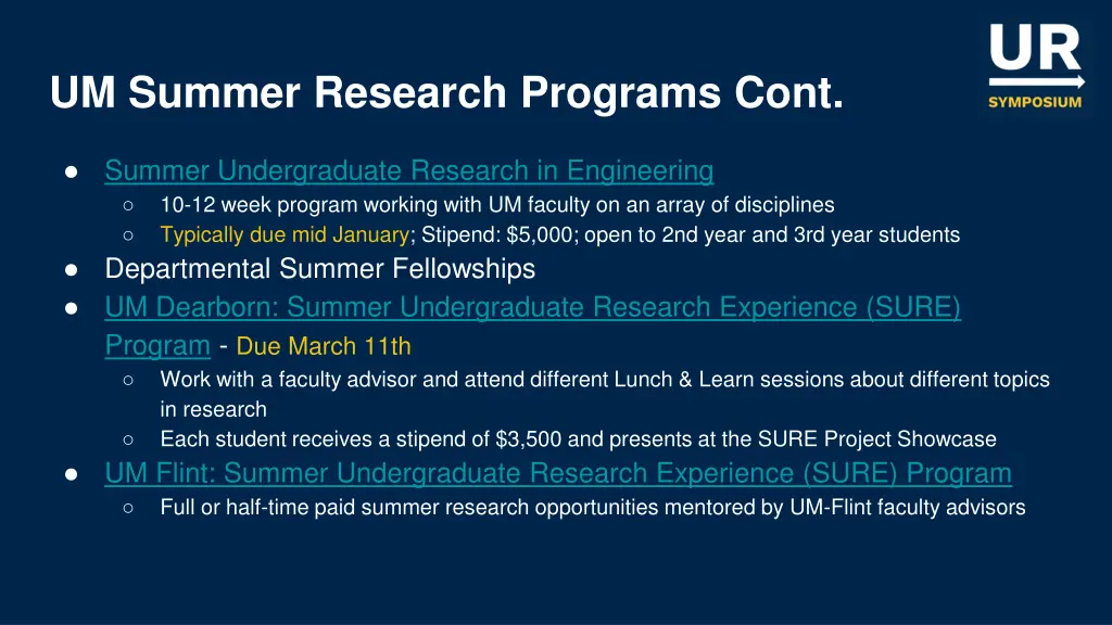 um summer research programs cont
