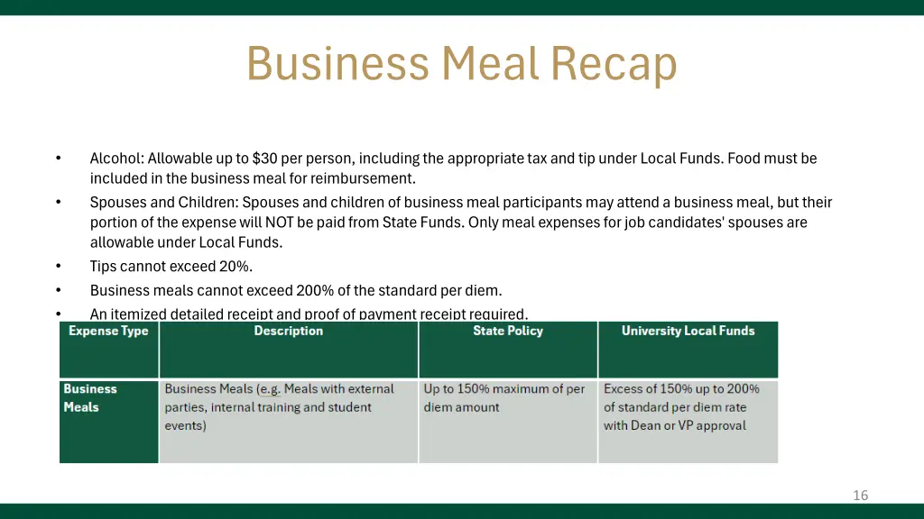 business meal recap