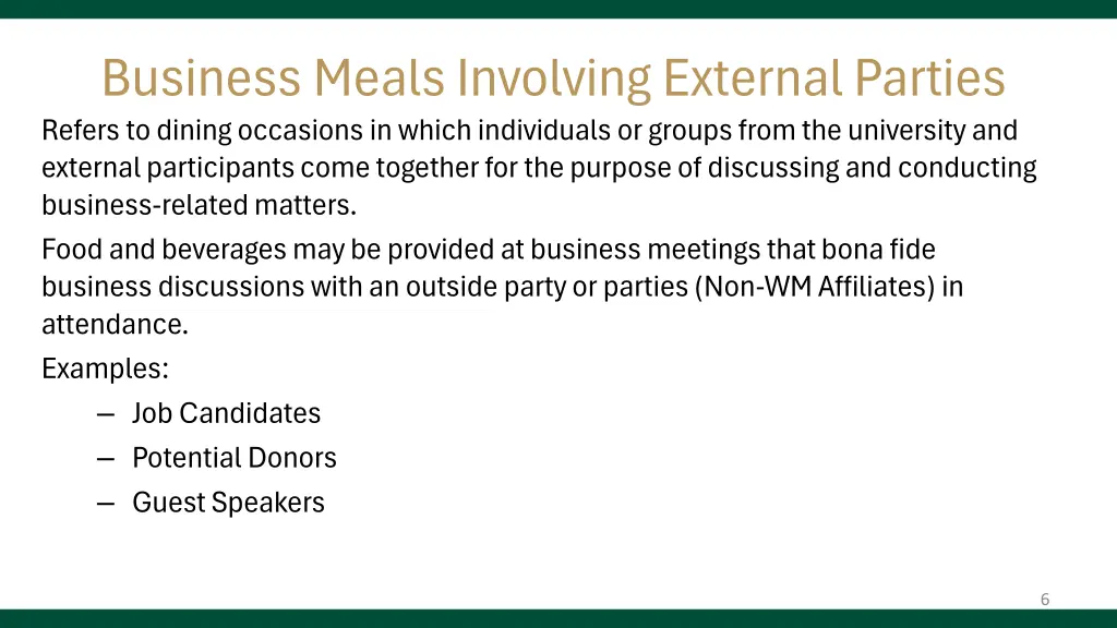 business meals involving external parties refers