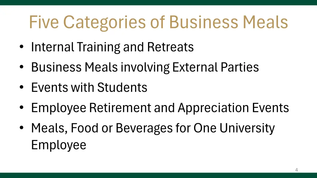 five categories of business meals internal