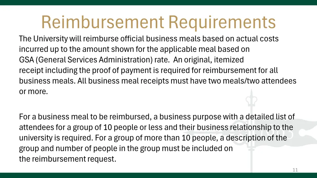 reimbursement requirements the university will