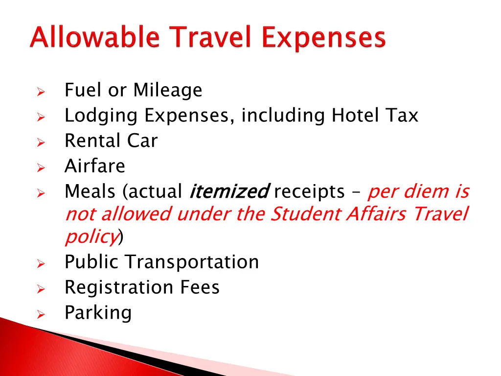 fuel or mileage lodging expenses including hotel
