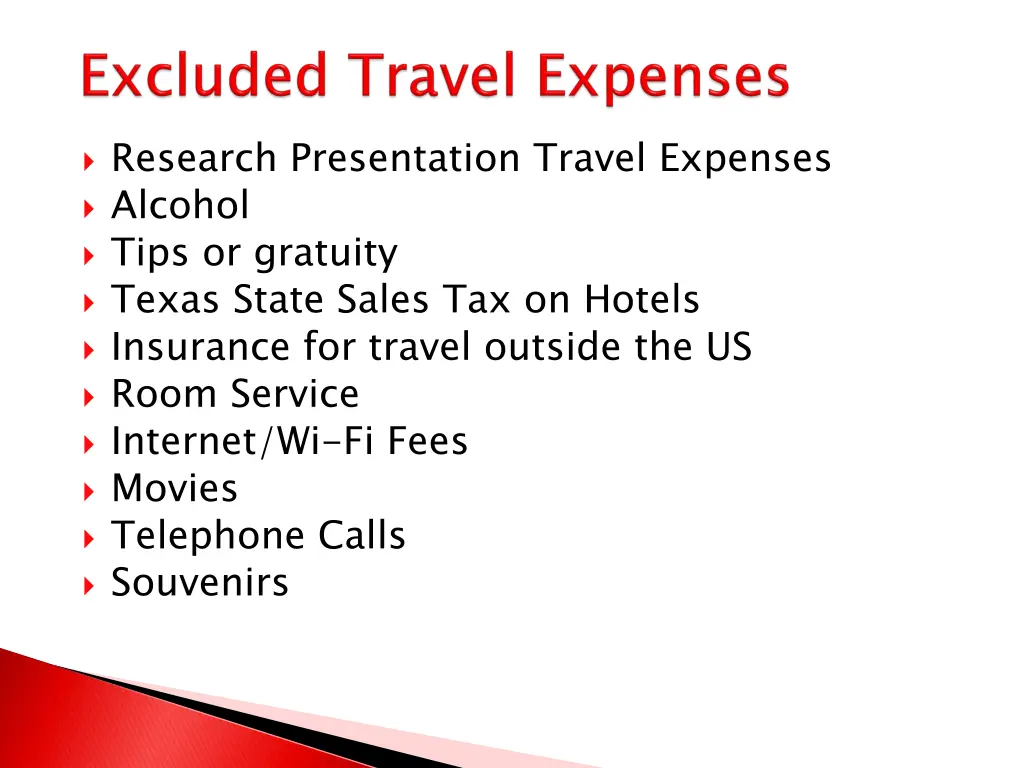 research presentation travel expenses alcohol